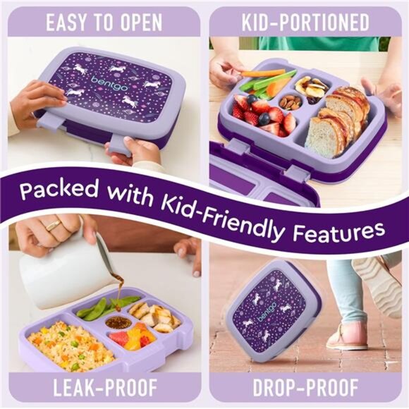 Kids Unicorn Purple Prints Leak-Proof 5-Compartment Bento-Style Lunch Box - Picture 4 of 6